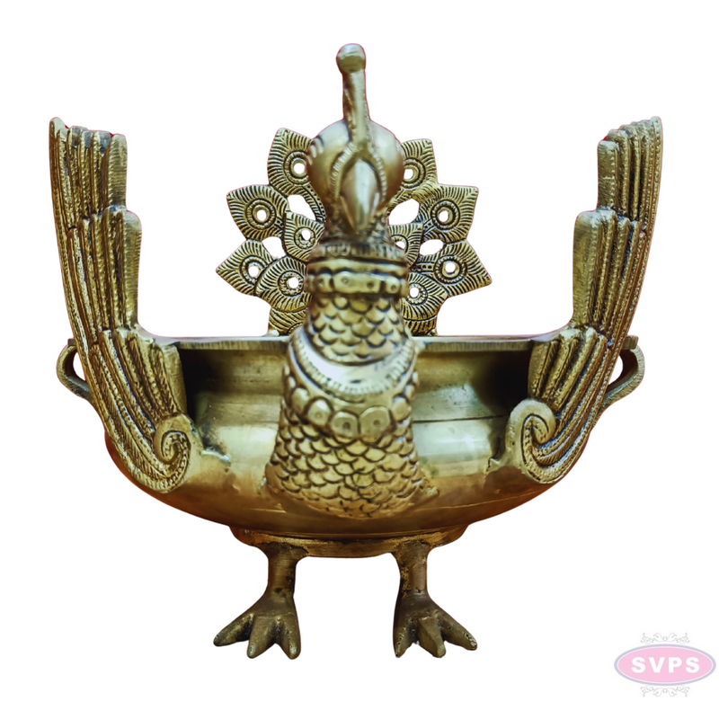 Antique Brass Peacock Urli Bowl – Majestic Bird Design with Feathered Tail Backrest