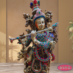 Brass Antique Stone Work Krishna On Lotus