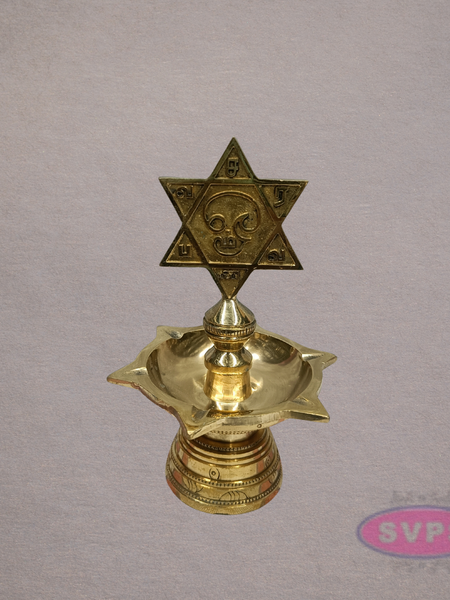 Brass Shatkona Vilakku with Om Motif – Auspicious Hindu Lamp