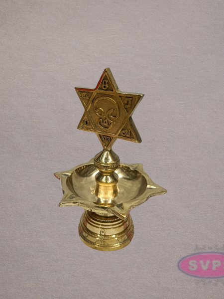 Brass Shatkona Vilakku with Om Motif – Auspicious Hindu Lamp
