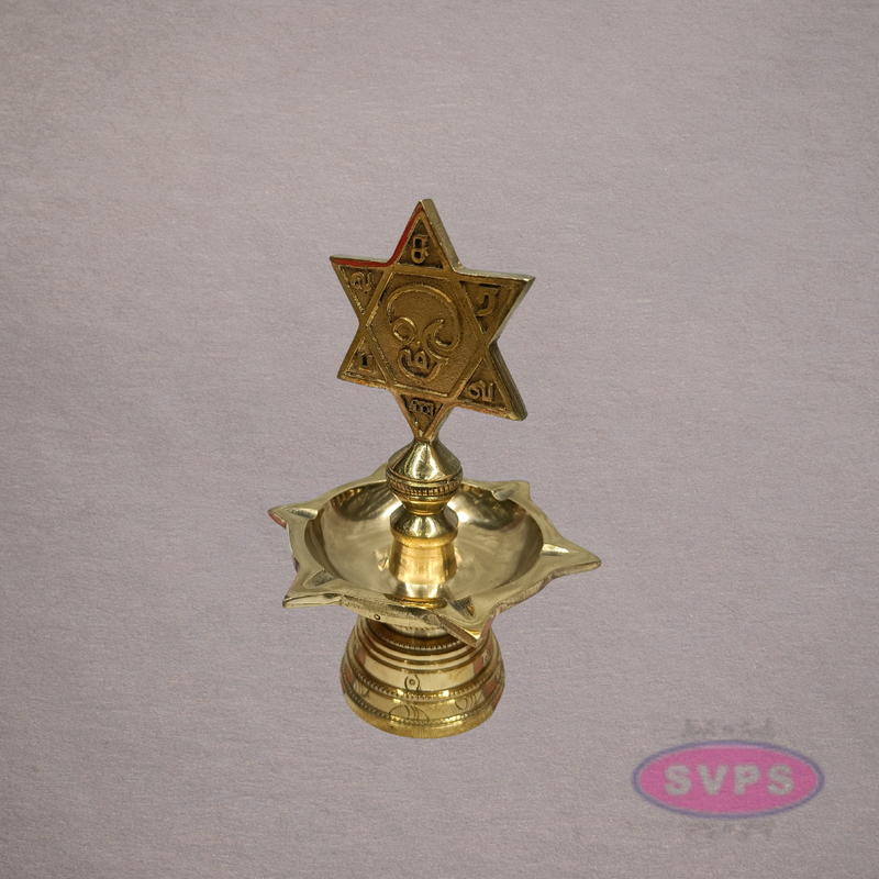 Brass Shatkona Vilakku with Om Motif – Auspicious Hindu Lamp