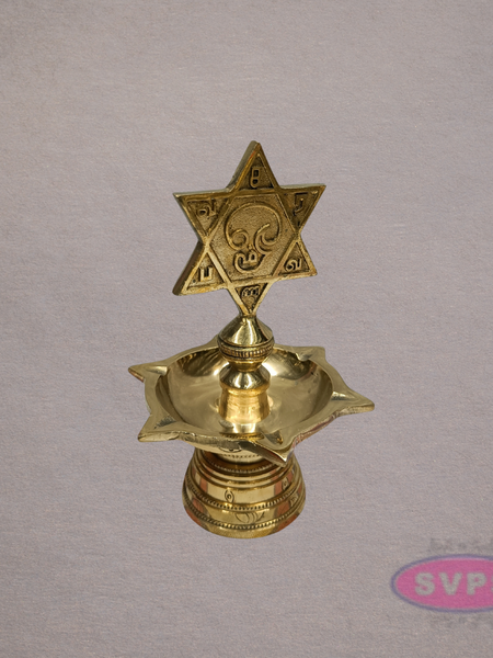 Brass Shatkona Vilakku with Om Motif – Auspicious Hindu Lamp