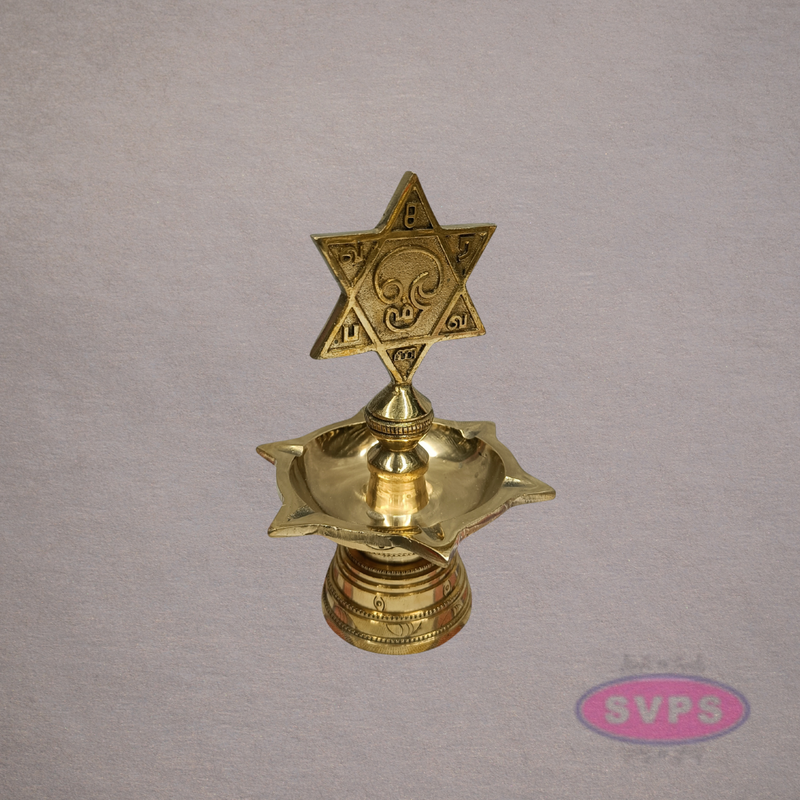Brass Shatkona Vilakku with Om Motif – Auspicious Hindu Lamp
