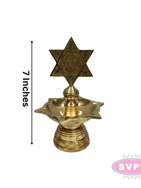 Brass Shatkona Vilakku with Om Motif – Auspicious Hindu Lamp