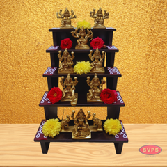 Wooden 5 Step Deity Stand With Brass Ashtalakshmi Idol Set
