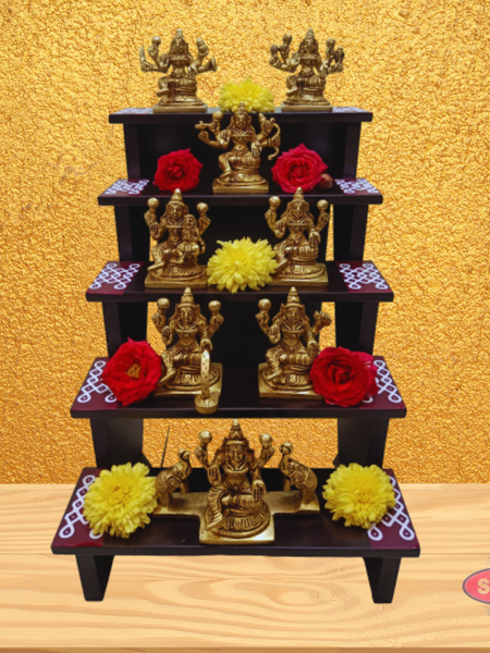Wooden 5 Step Deity Stand With Brass Ashtalakshmi Idol Set