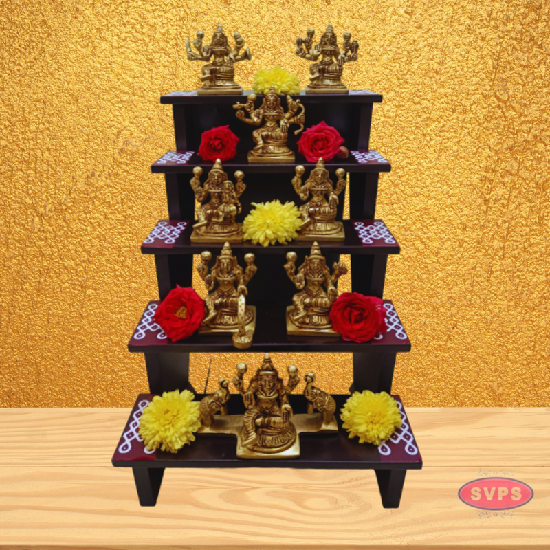 Wooden 5 Step Deity Stand With Brass Ashtalakshmi Idol Set