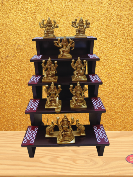 Wooden 5 Step Deity Stand With Brass Ashtalakshmi Idol Set