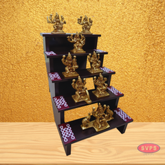 Wooden 5 Step Deity Stand With Brass Ashtalakshmi Idol Set