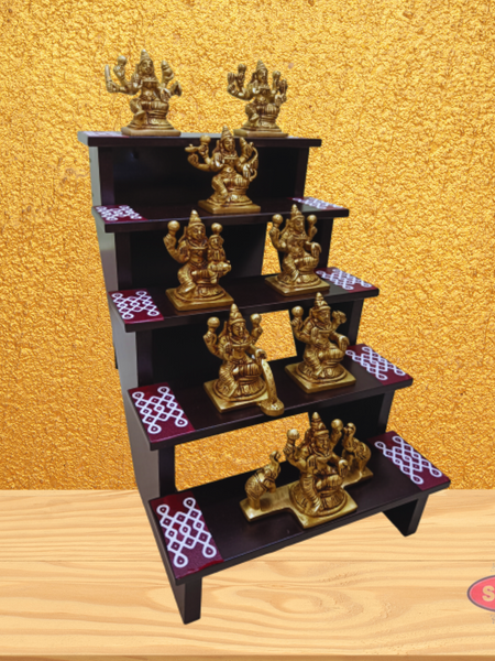 Wooden 5 Step Deity Stand With Brass Ashtalakshmi Idol Set