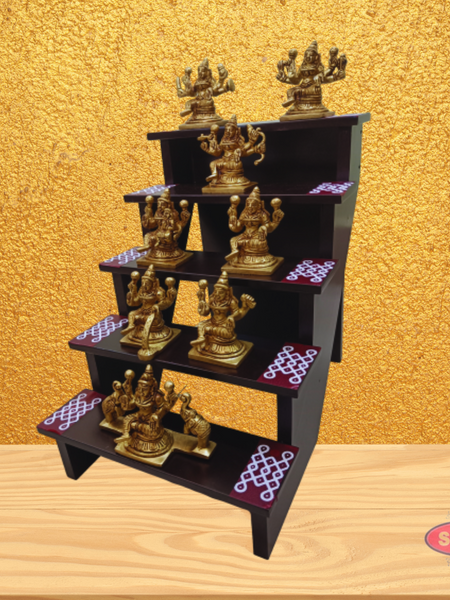 Wooden 5 Step Deity Stand With Brass Ashtalakshmi Idol Set