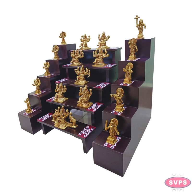 Wooden 5 Step / 5 Lamp Brass Ashtalakshmi And Dasavatharam Idol