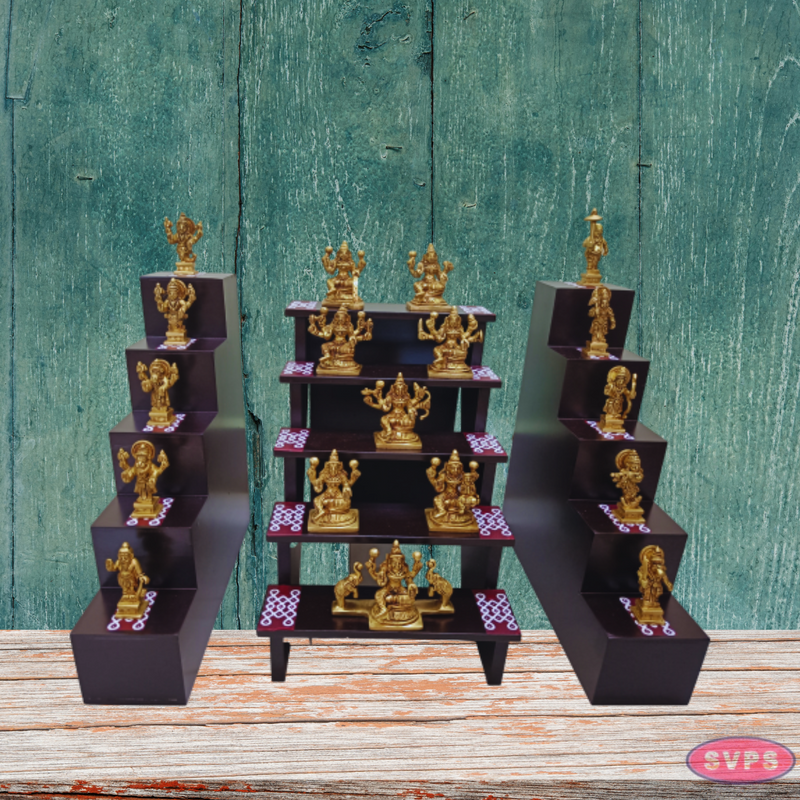 Wooden 5 Step / 5 Lamp Brass Ashtalakshmi And Dasavatharam Idol