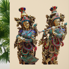 Brass Radha Krishna Set With Antique Stone Work