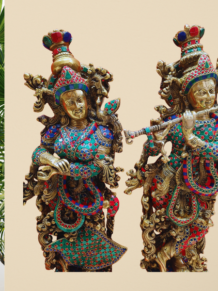 Brass Radha Krishna Set With Antique Stone Work