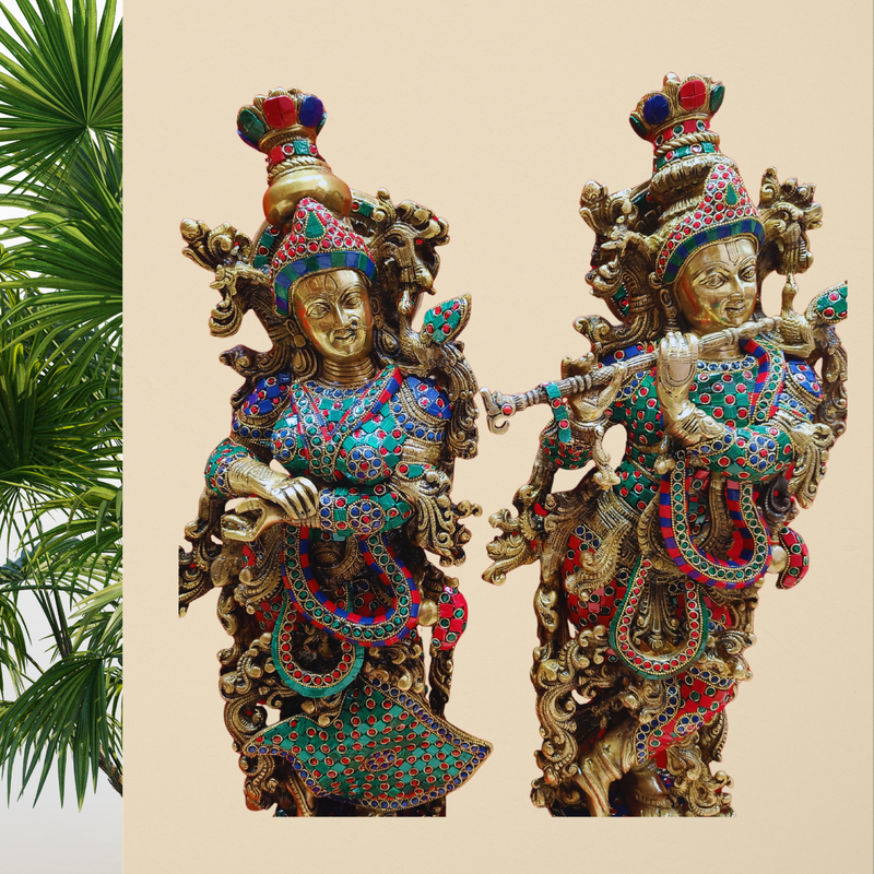 Brass Radha Krishna Set With Antique Stone Work