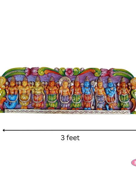 Wooden Carved Dasavatharam Multicolour Wall Hanging - 3 Feet