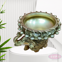 Antique Brass Elephant Urli Bowl with Hanging Bells – Traditional Decorative Centerpiece