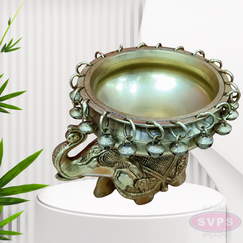 Antique Brass Elephant Urli Bowl with Hanging Bells – Traditional Decorative Centerpiece
