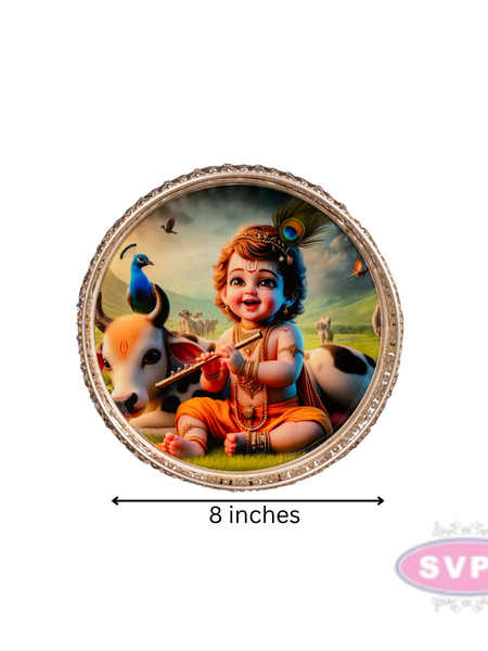 Round Shape German Silver Little Krishna With Cow Tray