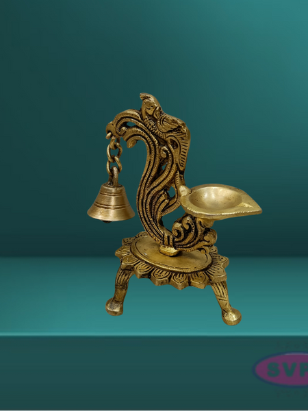 Brass Antique Peacock Diya With Bell For Puja And Decor