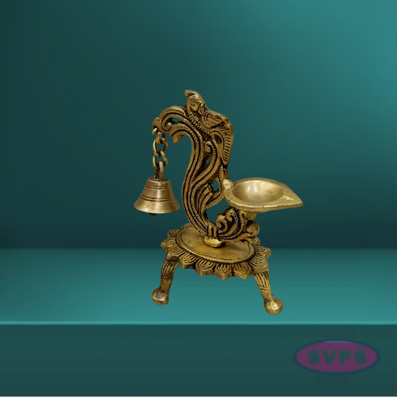 Brass Antique Peacock Diya With Bell For Puja And Decor