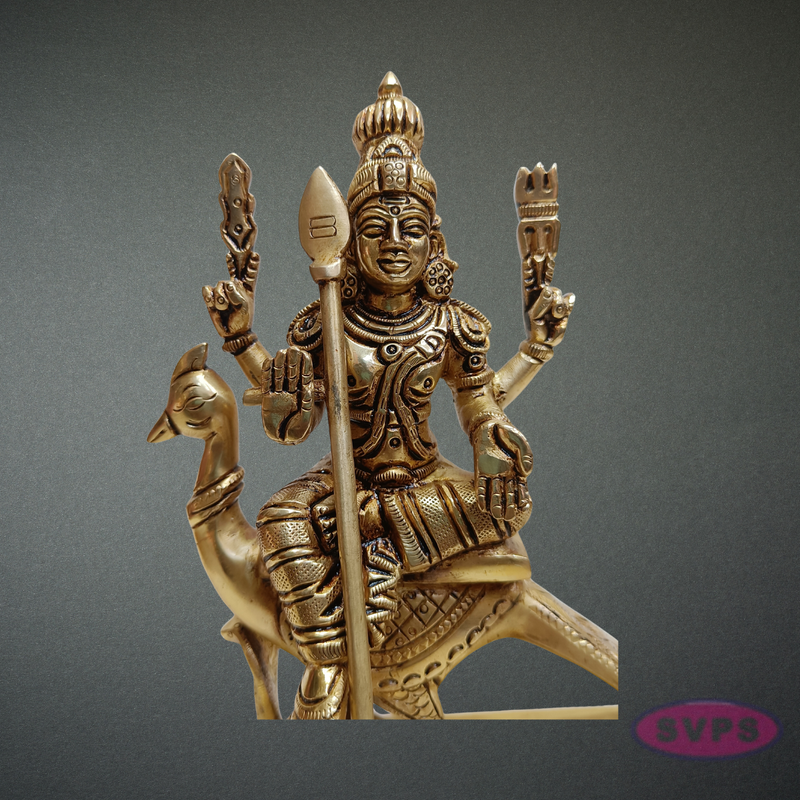 Brass Murugan Idol Sitting on Peacock – Skanda Swamy Statue for Spiritual Decor