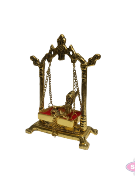 Gold Coated Metal Baby Krishna Jhula | Decorative Bal Gopal Swing for Home Temple