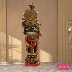 Brass Antique Stone Work Krishna On Lotus