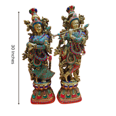 Brass Radha Krishna Set With Antique Stone Work