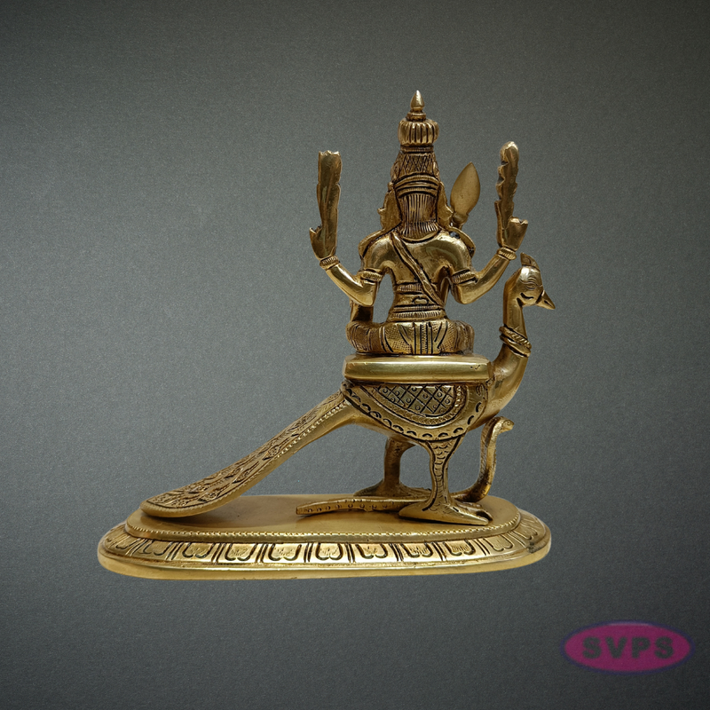 Brass Murugan Idol Sitting on Peacock – Skanda Swamy Statue for Spiritual Decor