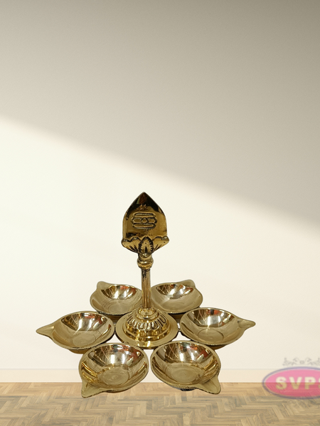 Brass deepam with five mugam and vel