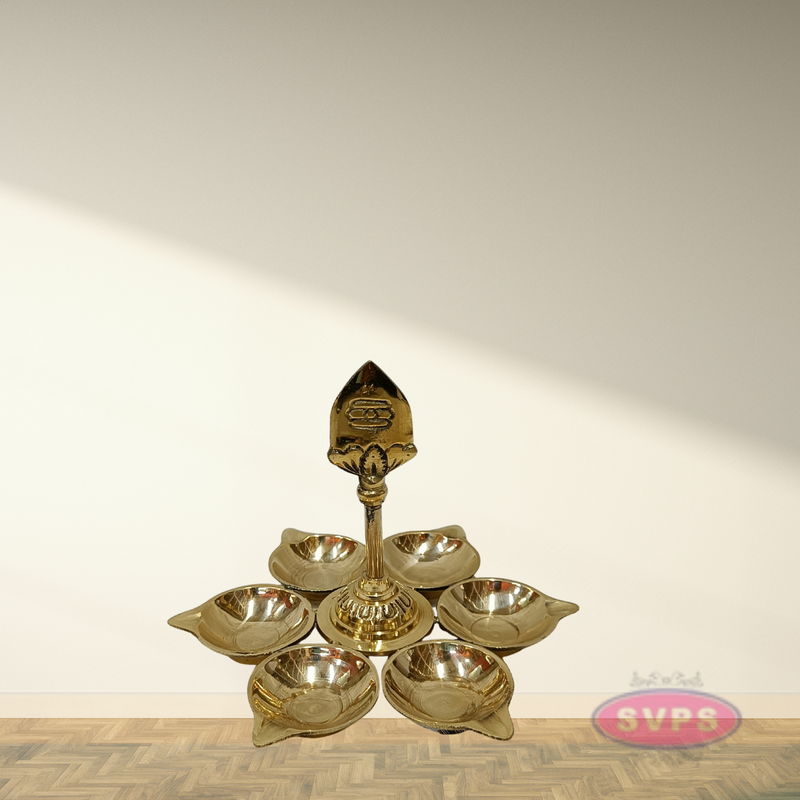Brass deepam with five mugam and vel