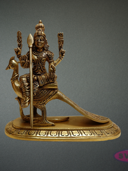 Brass Murugan Idol Sitting on Peacock – Skanda Swamy Statue for Spiritual Decor