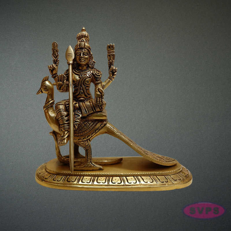 Brass Murugan Idol Sitting on Peacock – Skanda Swamy Statue for Spiritual Decor