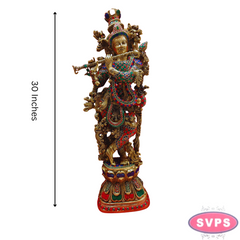 Brass Antique Stone Work Krishna On Lotus