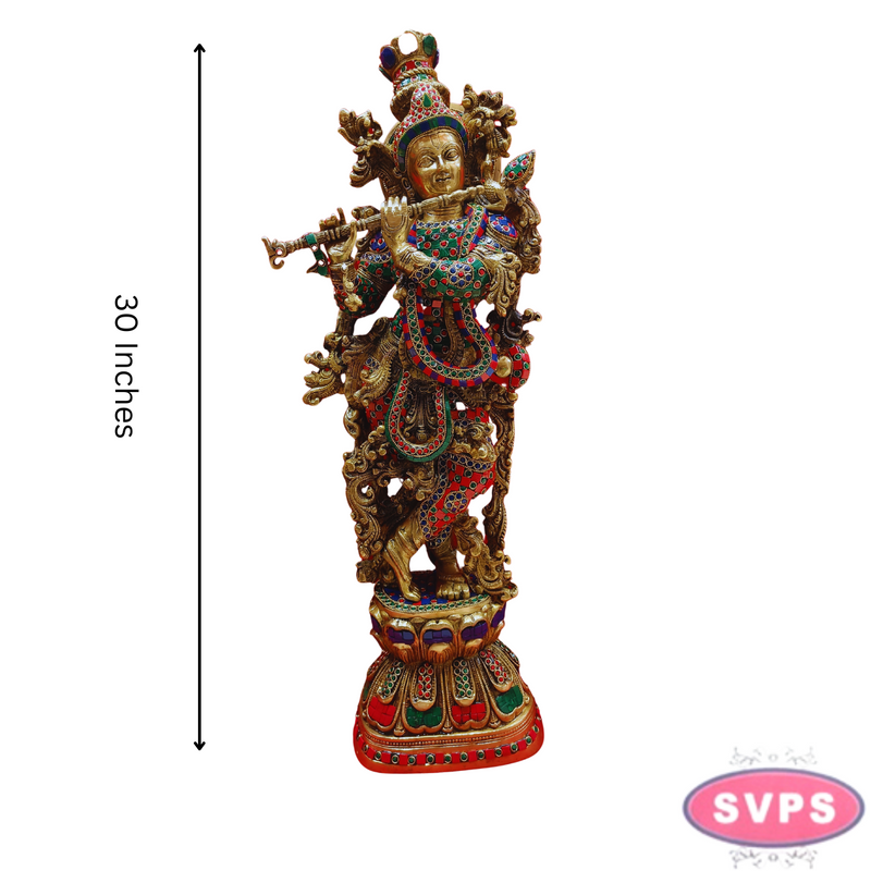 Brass Antique Stone Work Krishna On Lotus