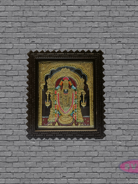 Tirupati Balaji (Venkateswara) Tanjore Art with Antique Finish Teak Wood Frame
