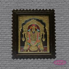 Tirupati Balaji (Venkateswara) Tanjore Art with Antique Finish Teak Wood Frame