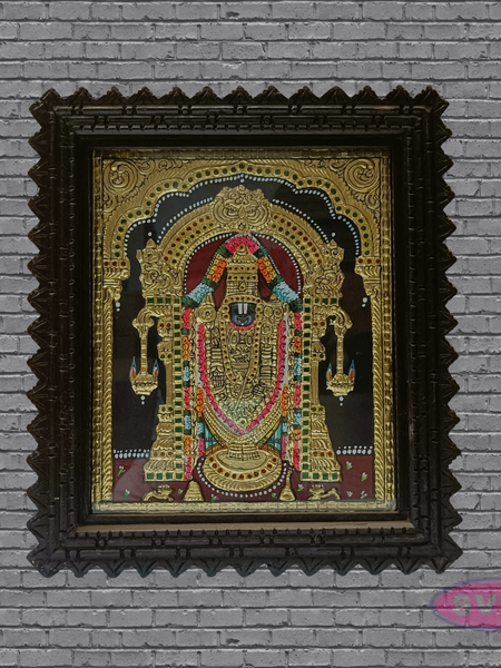 Tirupati Balaji (Venkateswara) Tanjore Art with Antique Finish Teak Wood Frame