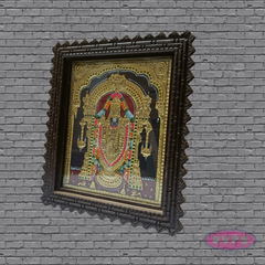 Tirupati Balaji (Venkateswara) Tanjore Art with Antique Finish Teak Wood Frame