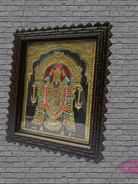 Tirupati Balaji (Venkateswara) Tanjore Art with Antique Finish Teak Wood Frame