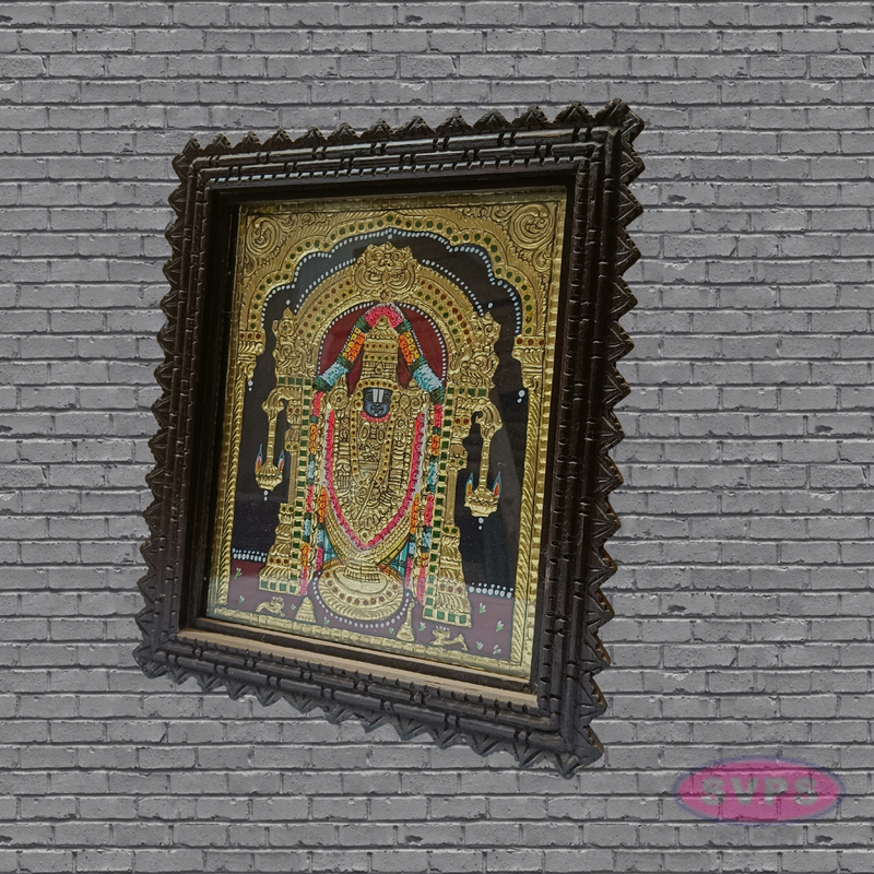 Tirupati Balaji (Venkateswara) Tanjore Art with Antique Finish Teak Wood Frame