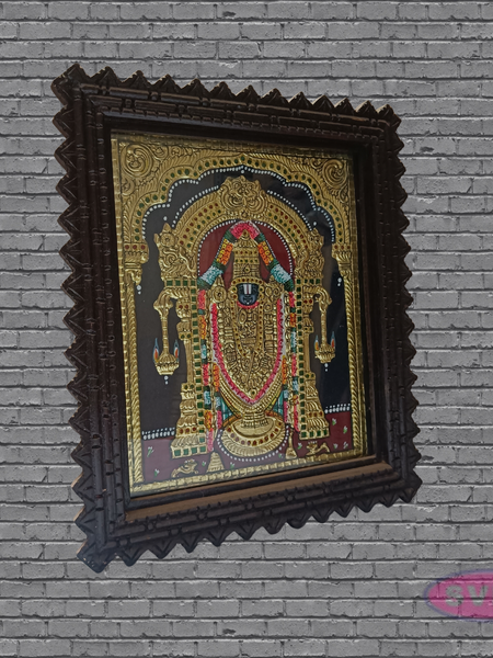 Tirupati Balaji (Venkateswara) Tanjore Art with Antique Finish Teak Wood Frame