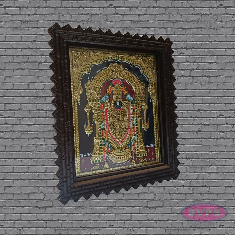Tirupati Balaji (Venkateswara) Tanjore Art with Antique Finish Teak Wood Frame