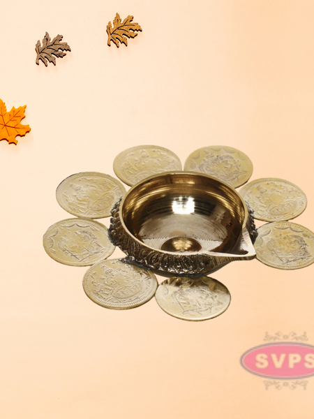 Brass 8 Coins Ashtalakshmi Kubera Oil Lamp Diya / Vilakku
