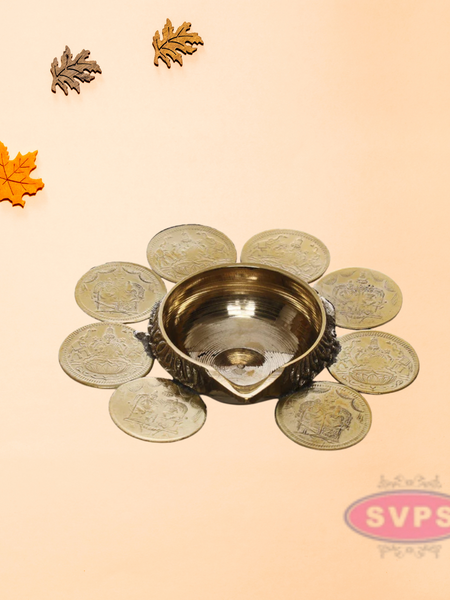 Brass 8 Coins Ashtalakshmi Kubera Oil Lamp Diya / Vilakku