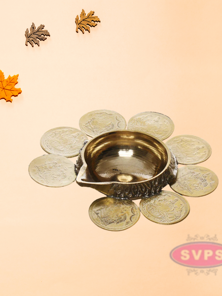 Brass 8 Coins Ashtalakshmi Kubera Oil Lamp Diya / Vilakku
