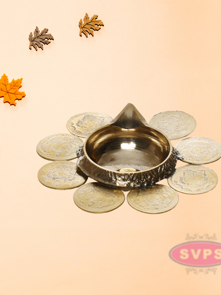 Brass 8 Coins Ashtalakshmi Kubera Oil Lamp Diya / Vilakku