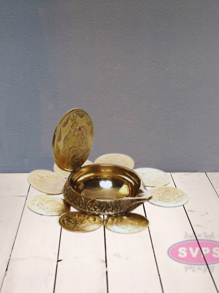 Brass 9 Coins Ashtalakshmi Kubera Oil Lamp Diya / Vilakku